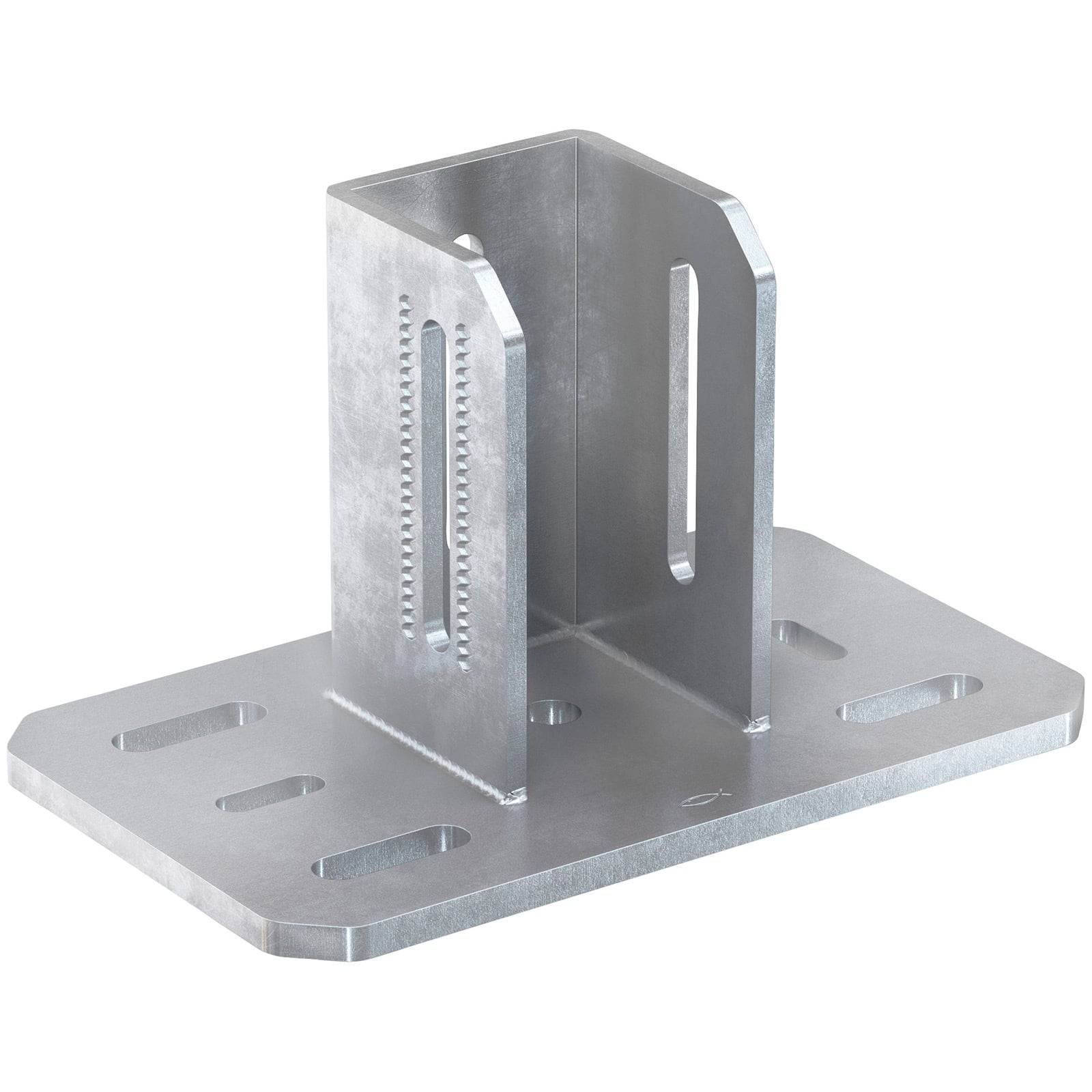 Metallhalterung mit mehreren Schlitzen zur verstellbaren Befestigung, die verwendet wird, um Strukturen an einer flachen Oberfläche zu sichern.