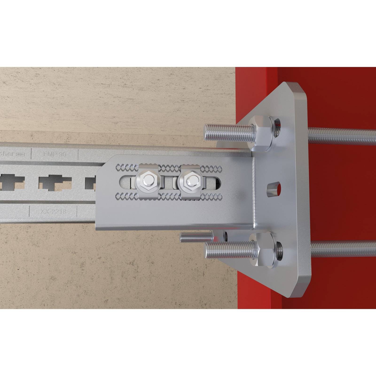 Eine Metallhalterung mit Schrauben und Gewindestangen befestigt einen Stahlträger an einer roten Wand. Die Anordnung ist Teil eines strukturellen Montagsystems.