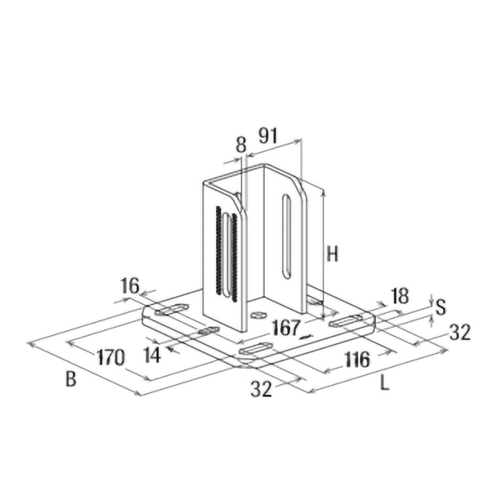 Technische Zeichnung eines Metallhalters mit beschrifteten Abmessungen: 170 mm Breite, 116 mm Länge und 91 mm Höhe. Schlitze und Löcher detailliert dargestellt.