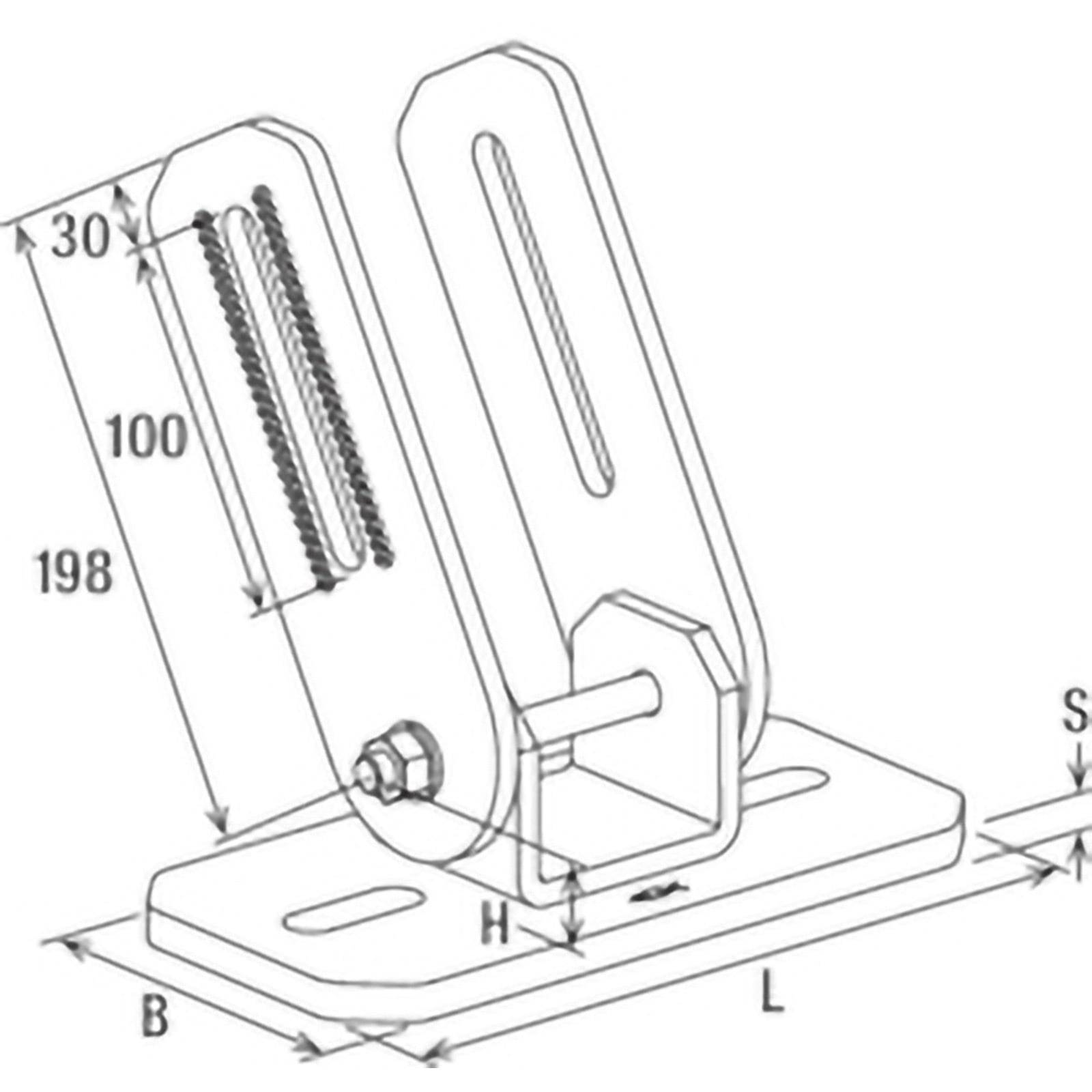Eine technische Zeichnung, die eine Metallhalterung mit folgenden Abmessungen zeigt: Höhe 198 mm, Breite 30 mm und zwei verstellbare Bohrschlitze.