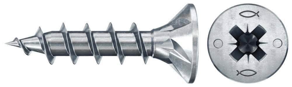 Ein metallischer Maurerschraubanker mit einem breiten, flachen Kopf und einer spiralförmigen Schaftgestaltung, der zum Befestigen von Objekten an Mauerwerksoberflächen entwickelt wurde.