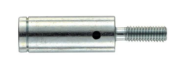 Ein metallfarbenes zylindrisches Werkzeug mit einem hohlen Kern und einer kleinen Öffnung nahe der Unterseite, möglicherweise ein Bohrer oder Schneidezubehör.
