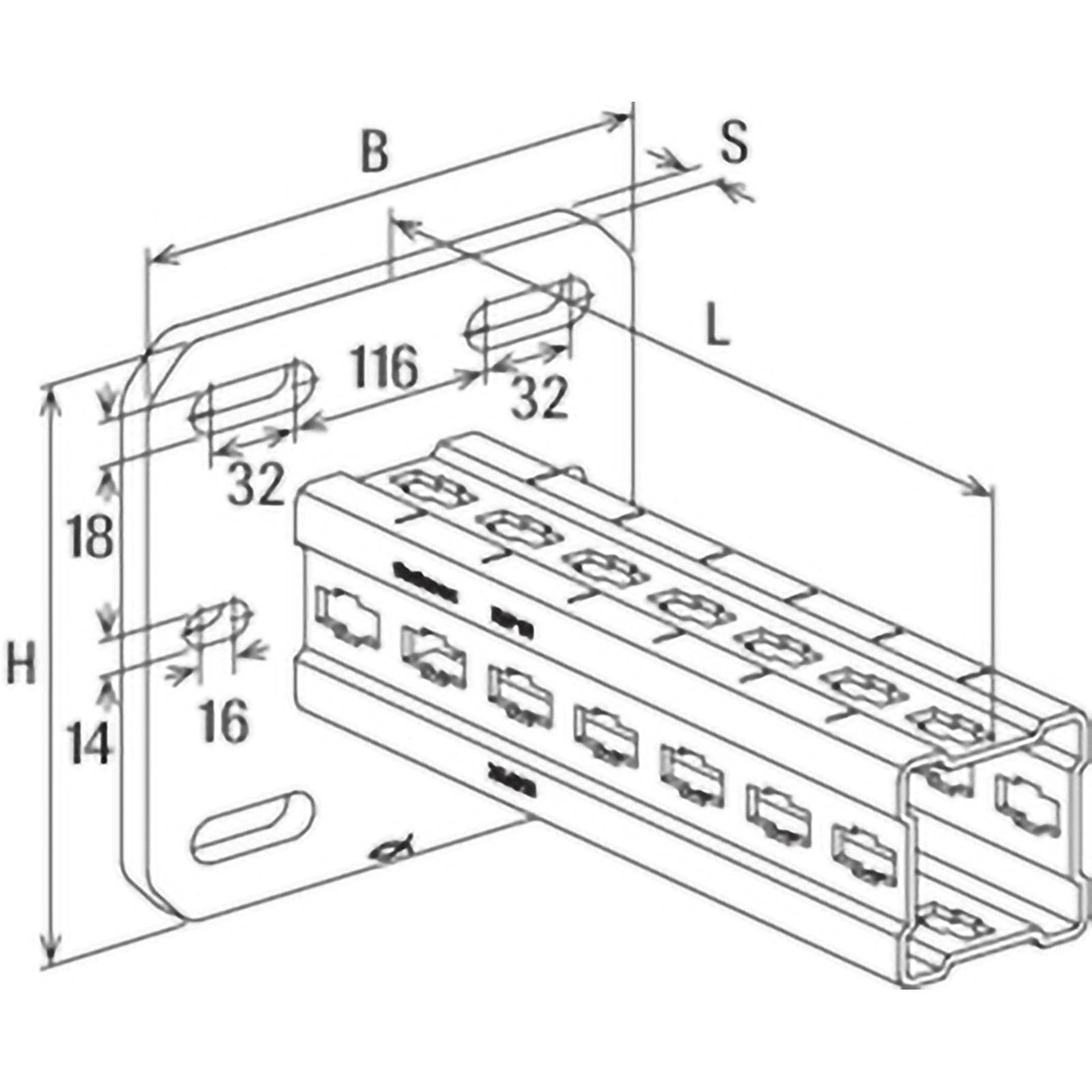 Technische Zeichnung einer Metallhalterung mit Abmessungen. Die Halterung verfügt über Löcher zur Befestigung und einen länglichen Abschnitt mit Aussparungen. Bezeichnungen geben Länge (L), Höhe (H), Breite (B) und andere Maße an.