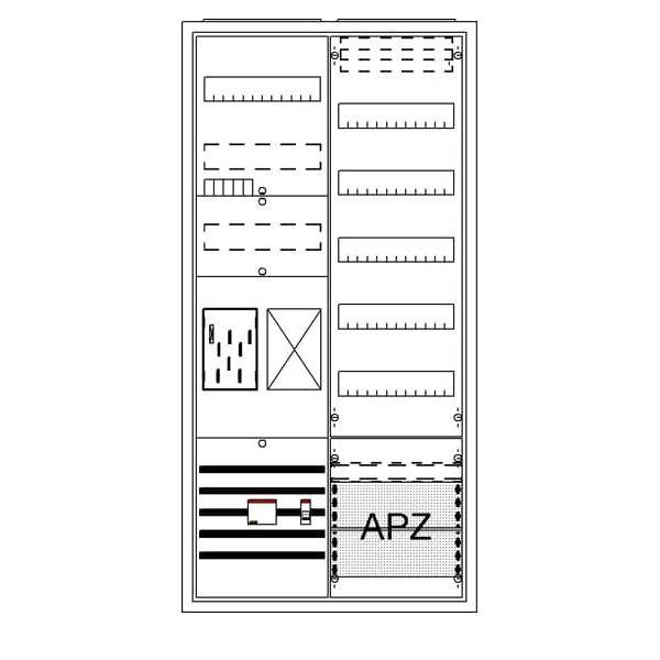 Diagramm eines 'APZ' mit Abschnitten, die Linien und Gittermuster enthalten, möglicherweise zur Darstellung elektrischer oder technologischer Komponenten.