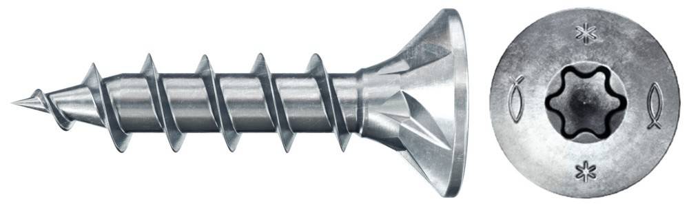 Eine Nahaufnahme einer metallischen Schraube mit einer Spiralgewinde und einem breiten, flachen Kopf, die detaillierte Rillen und reflektierende Oberflächen zeigt.