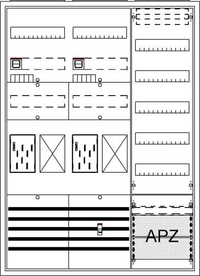 Bauplan-Illustration einer elektrischen Verteilertafel mit Darstellung von Sicherungsautomaten, Sicherungen und Verdrahtungswegen, unten mit 'ARZ' beschriftet.