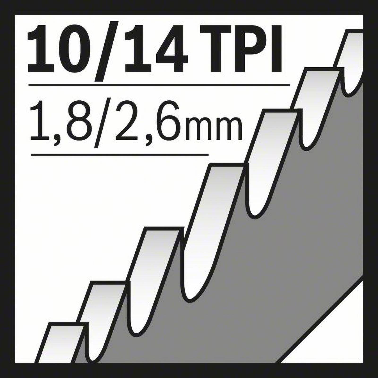 Sägeblatt-Illustration, die 10/14 Zähne pro Zoll und 1,8/2,6 mm Zahnabmessungen zeigt, was einen variablen Zahnabstand und -größe anzeigt.