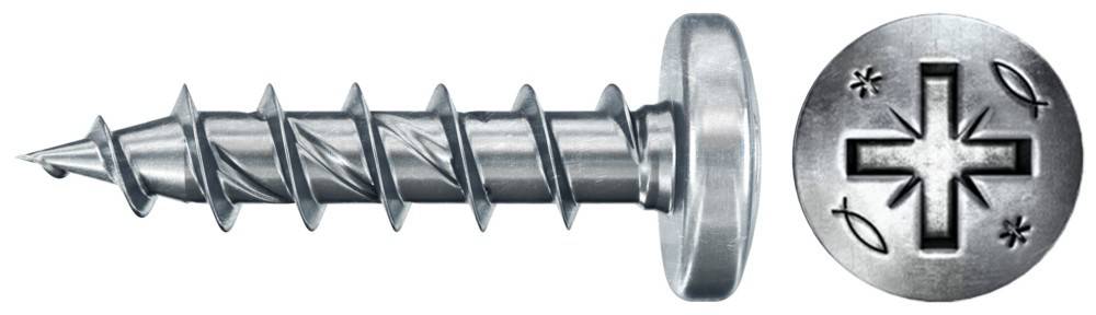 Eine Metallschraube mit einem flachen, kreisförmigen Kopf und einem Gewindelschaft, die zum sicheren Befestigen von Materialien ausgelegt ist.