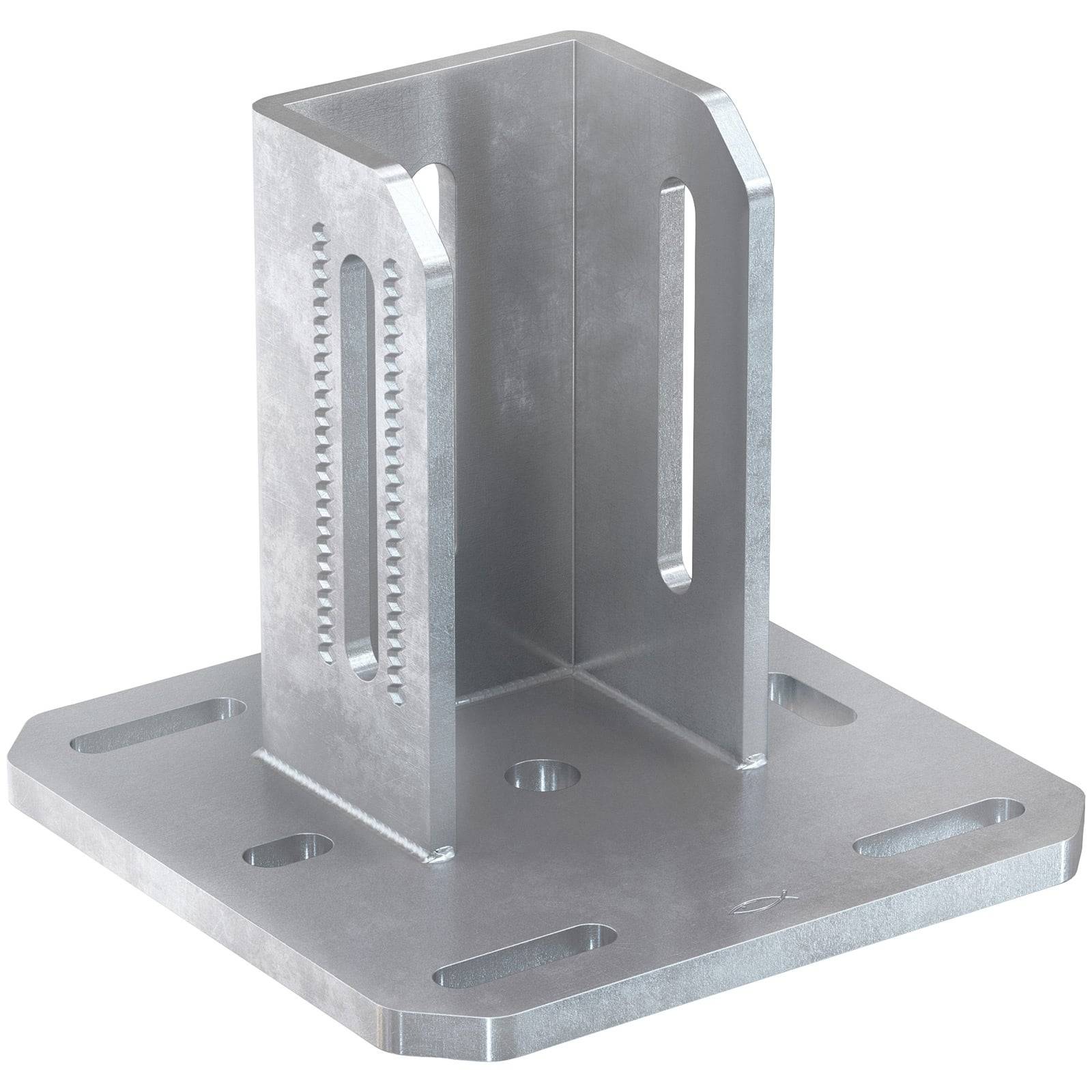 Metallhalterung mit quadratischer Grundfläche und vertikalen Stützen, mit mehreren Schlitzen für Anpassungen, wahrscheinlich für strukturelle Unterstützung verwendet.