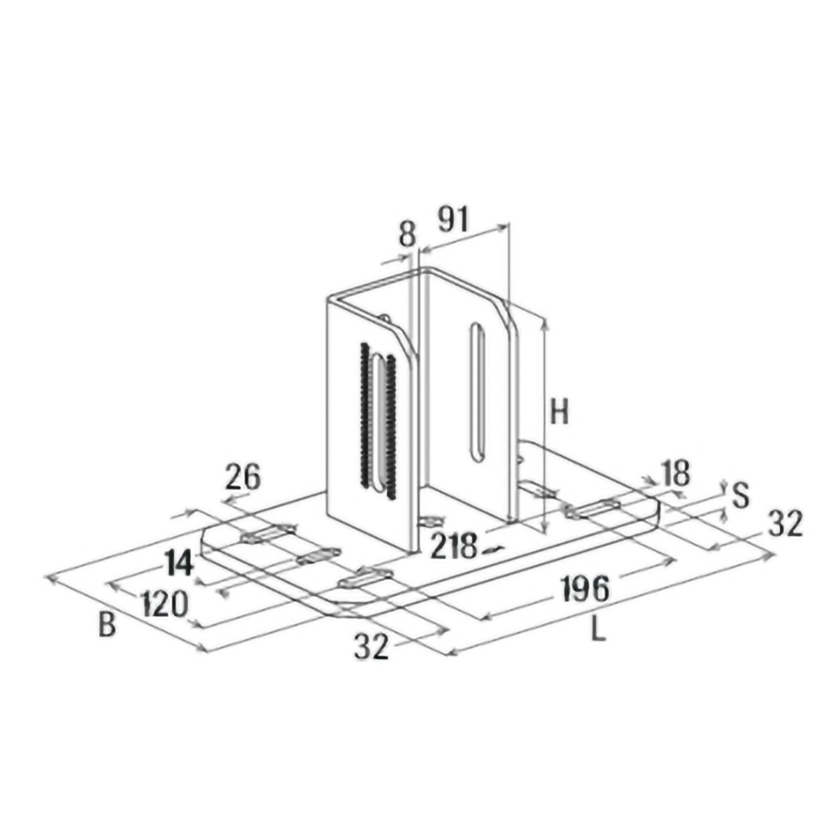 Technische Zeichnung einer Metallhalterung mit Abmessungen: 120 mm Breite, 91 mm Höhe, 218 mm Länge. Zeigt Schlitze und Befestigungslochpositionen.