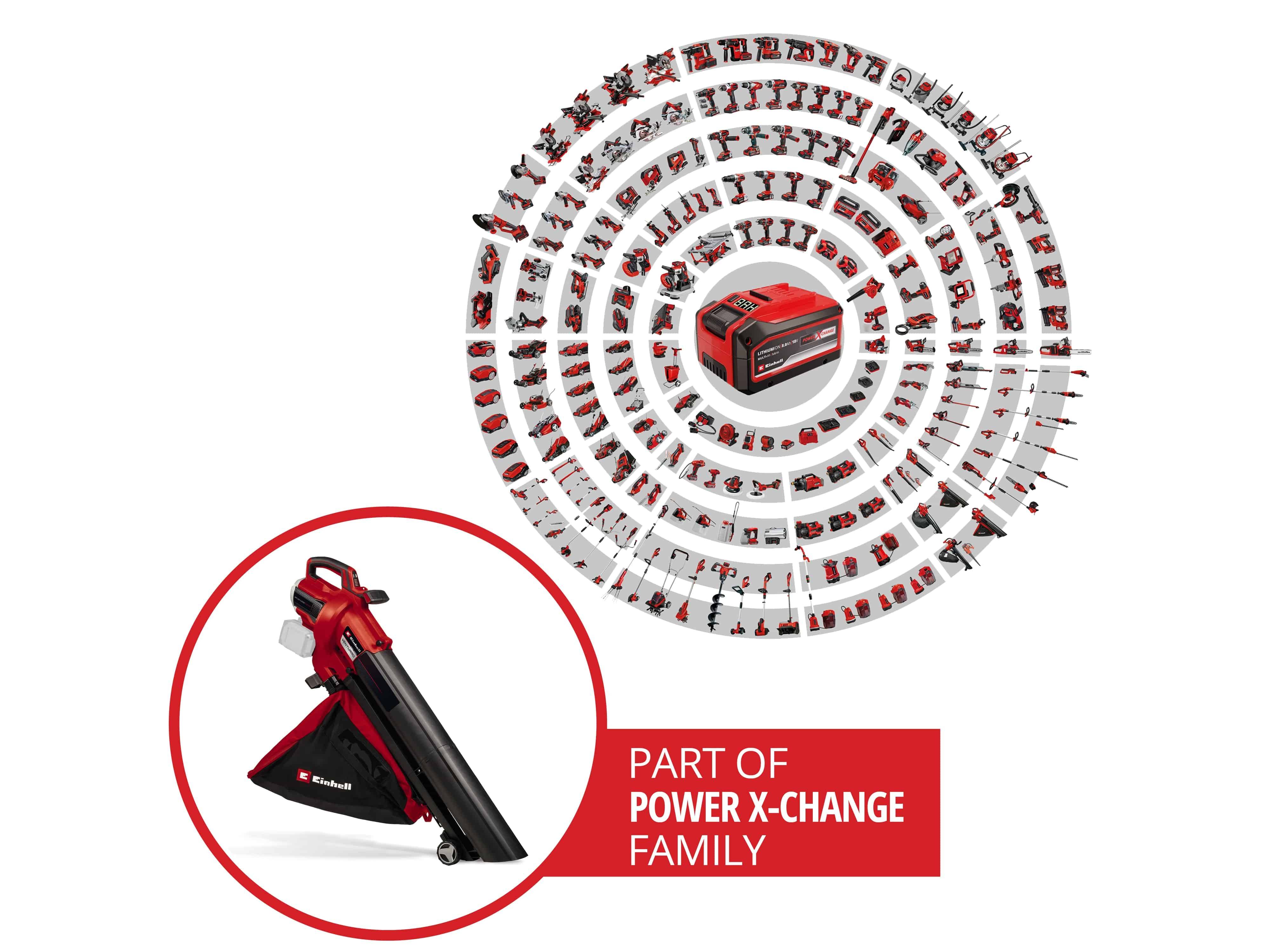 Ein rot-schwarzes Laubgebläse wird mit einem Diagramm von über 100 kompatiblen Werkzeugen in kreisförmiger Anordnung gezeigt. Der Text lautet „Teil der Power X-Change Familie