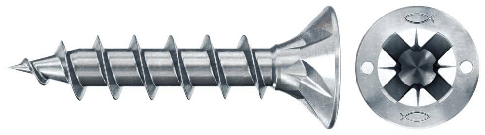 Nahaufnahme einer silbernen Metallschraube mit Senkkopf und spiralförmigen Gewinden, die zum Befestigen oder Zusammenfügen von Materialien verwendet wird.