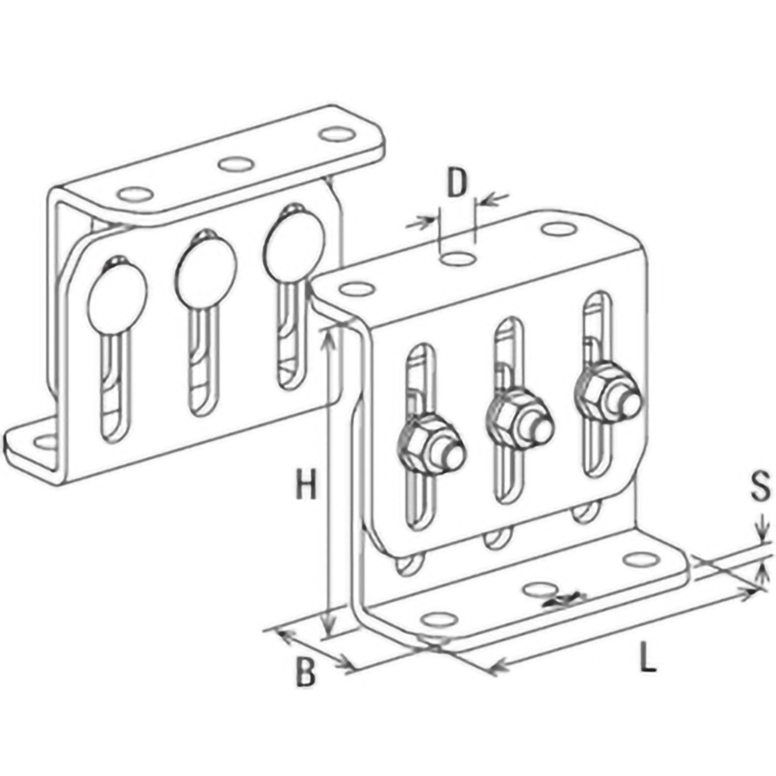 Diagramm einer rechtwinkligen Halterung mit beschrifteten Abmessungen: D (Breite), H (Höhe), L (Länge), B (Basis), S (Lochabstand).
