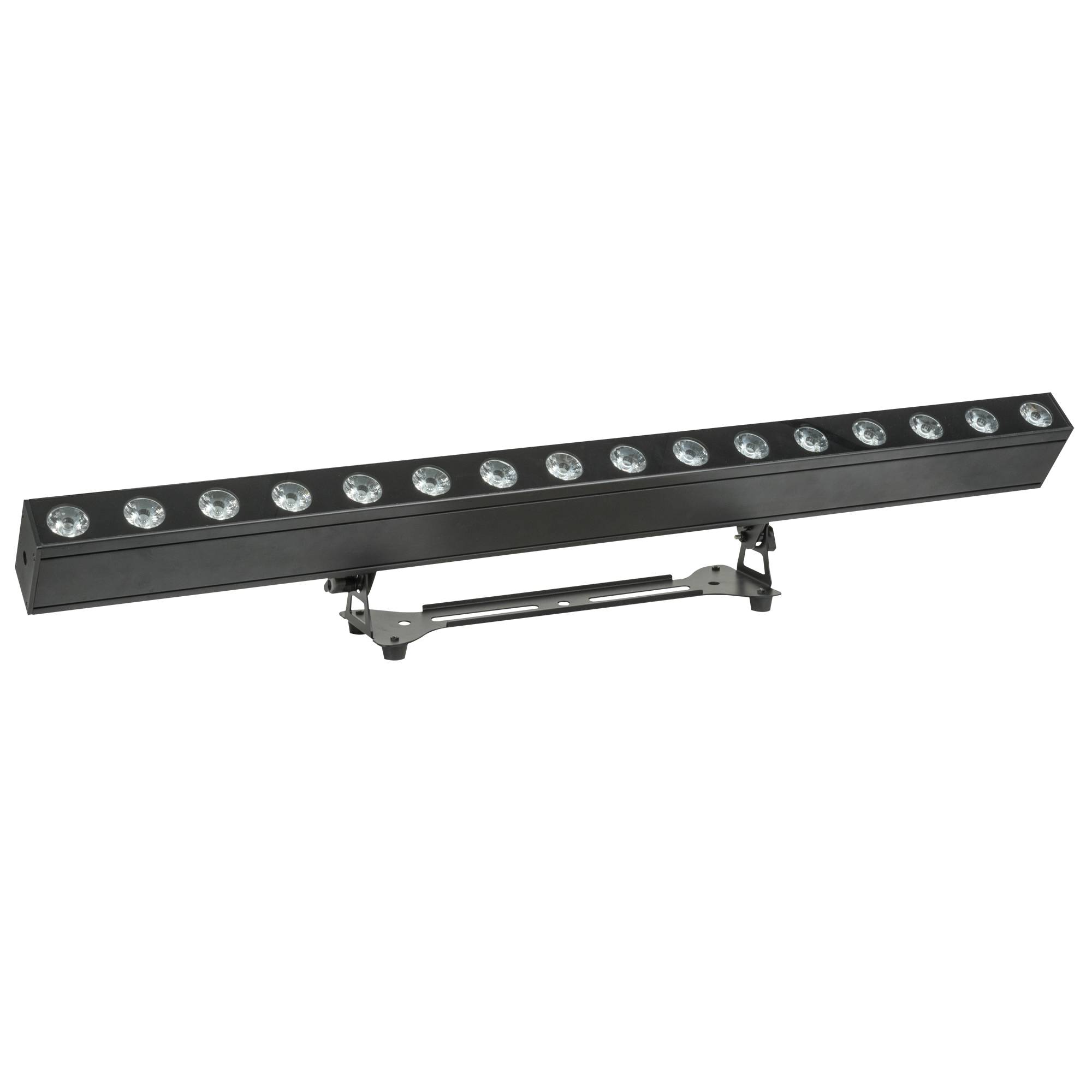 Ein langer, rechteckiger LED-Lichtbalken mit mehreren kreisförmigen Leuchten, montiert auf einer verstellbaren Halterung, vor einem schwarzen Hintergrund.