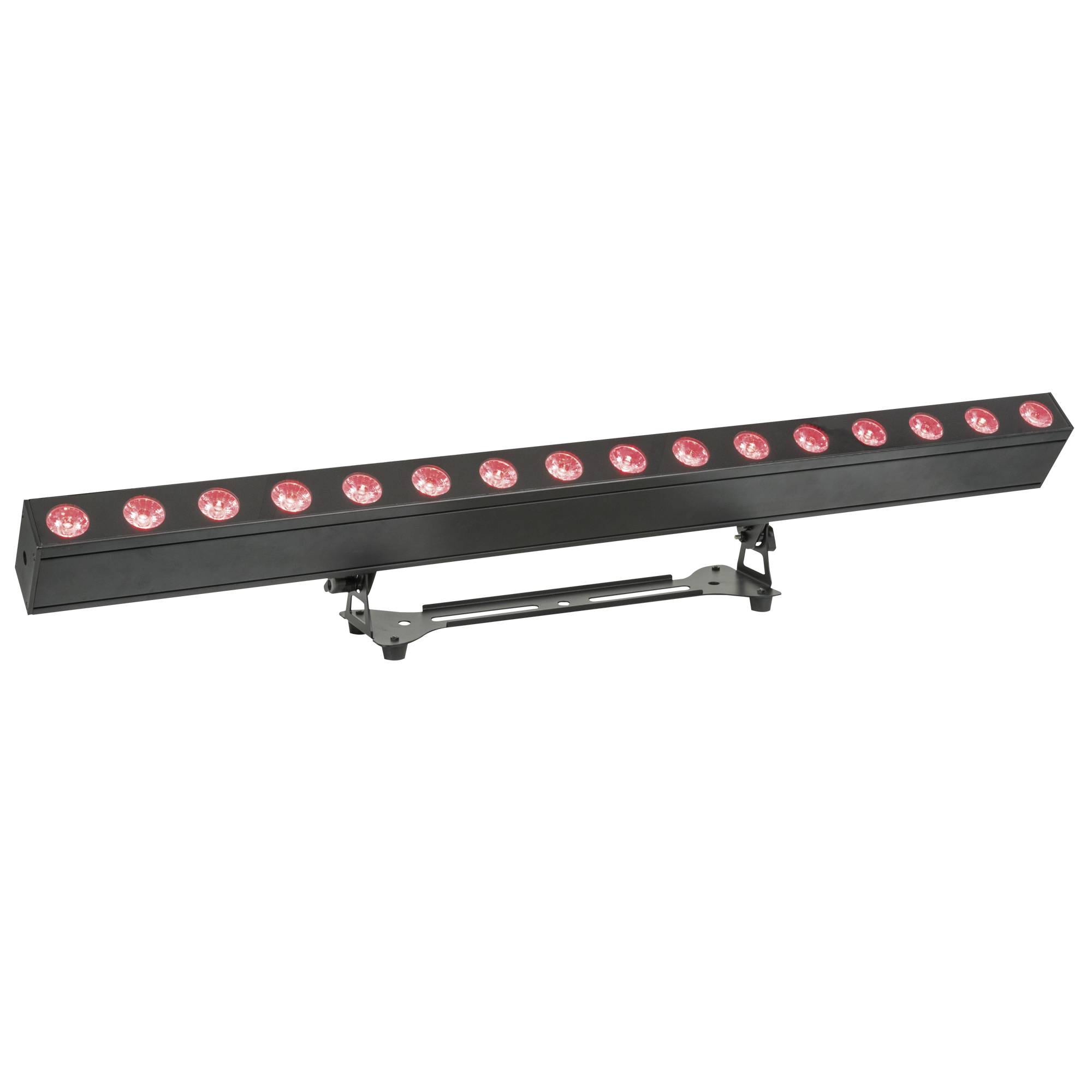 Eine schwarze LED-Lichtleiste mit mehreren roten LED-Einheiten in einer Reihe angeordnet, montiert auf einer Halterung zur Installation.