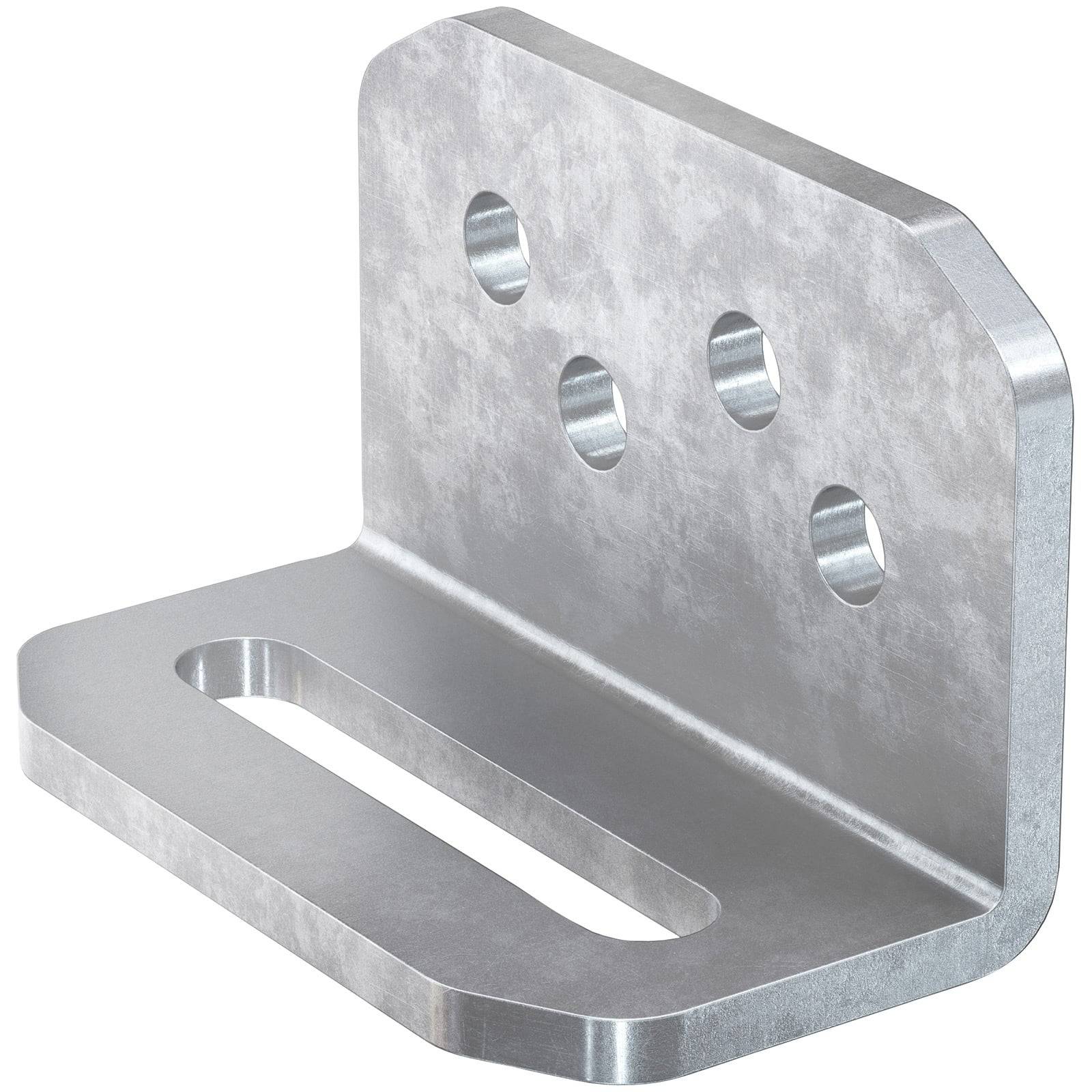 Eine Metallwinkelhalterung mit drei kreisrunden Löchern an der vertikalen Seite und einem länglichen Schlitz an der horizontalen Seite, die zur Unterstützung verwendet wird.