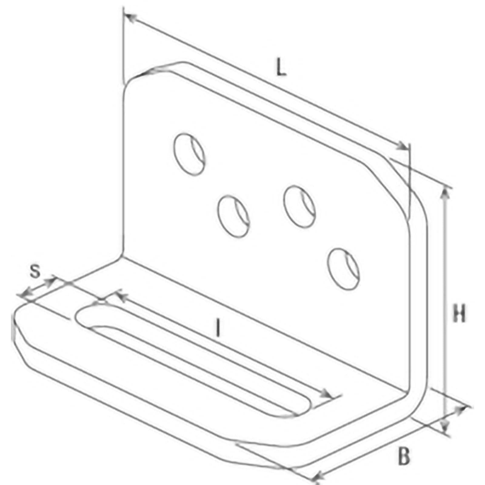 Eine technische Zeichnung einer L-förmigen Metallhalterung mit vier Löchern, Abmessungen beschriftet mit L, H, B, S und l, die Maße anzeigend.