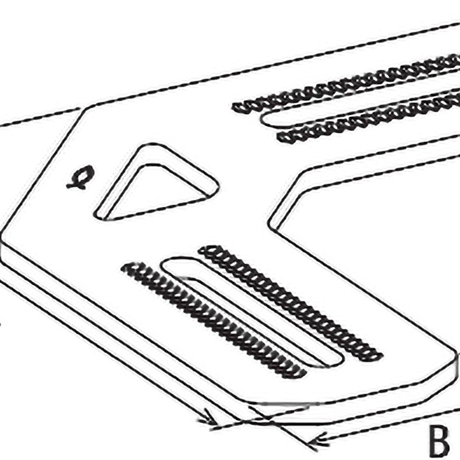 Linienzeichnung eines Winkelbeschlags aus Metall mit vorgebohrten Schraubenlöchern, gekennzeichnet mit dem Symbol φ und der Beschriftung ‚B'.