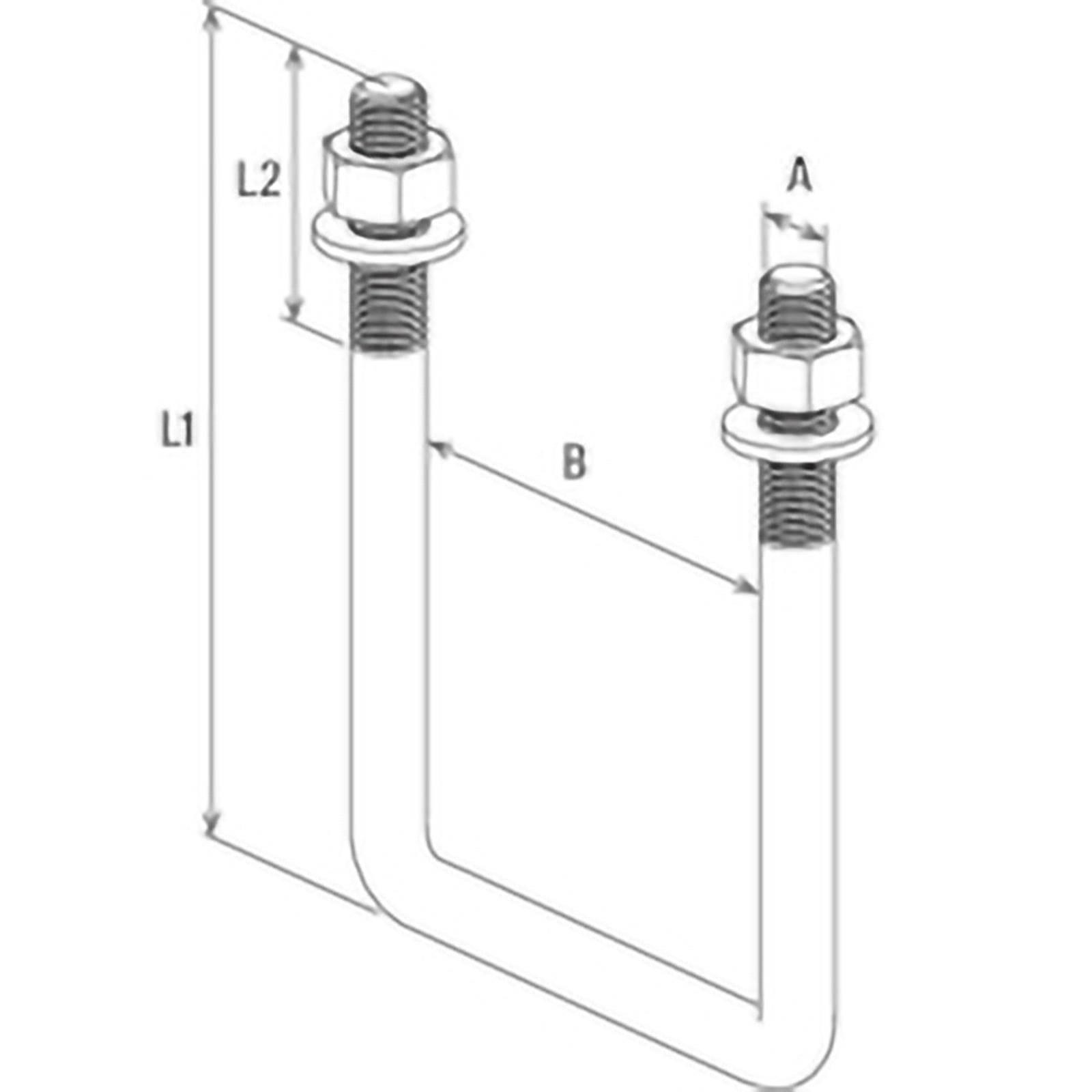 U-Bügel-Diagramm mit Maßangaben: Schenkel 1 (L1), Schenkel 2 (L2) und Spannweite (B). Enthält Muttern; gekennzeichnet mit 'A'. Wird zum Befestigen von Rohren verwendet.
