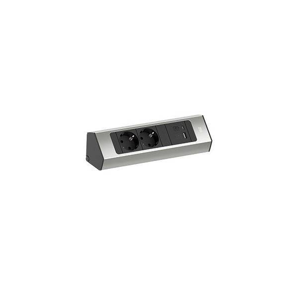 Eine Steckdosenleiste mit zwei Steckdosen und einem USB-Anschluss ist in ein graues Metallgehäuse eingebaut.