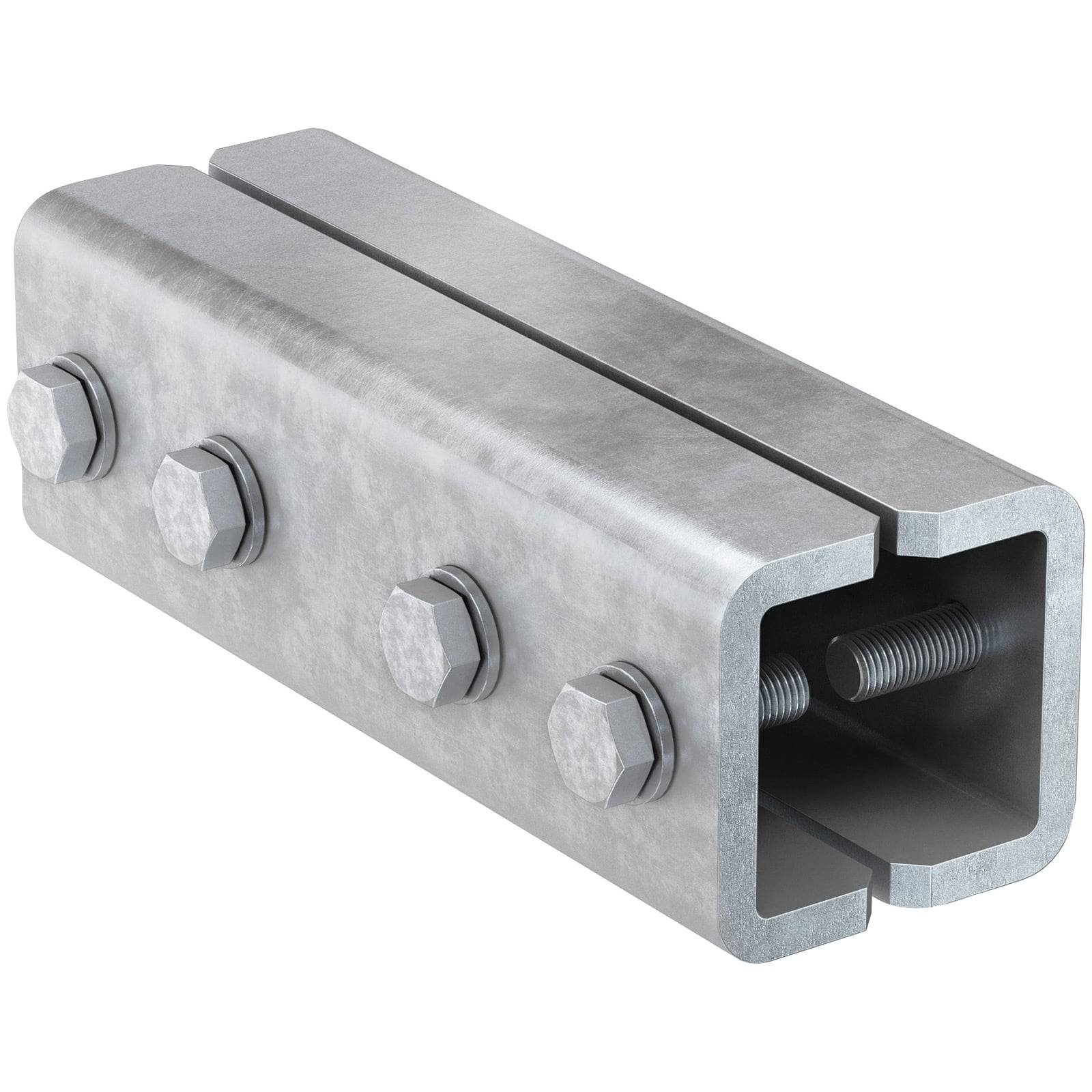 Eine metallische rechteckige Halterung mit vier Schrauben an jeder Seite zum Befestigen von zwei Metallträgern; zeigt eine Verbindungstechnik im Bauwesen.