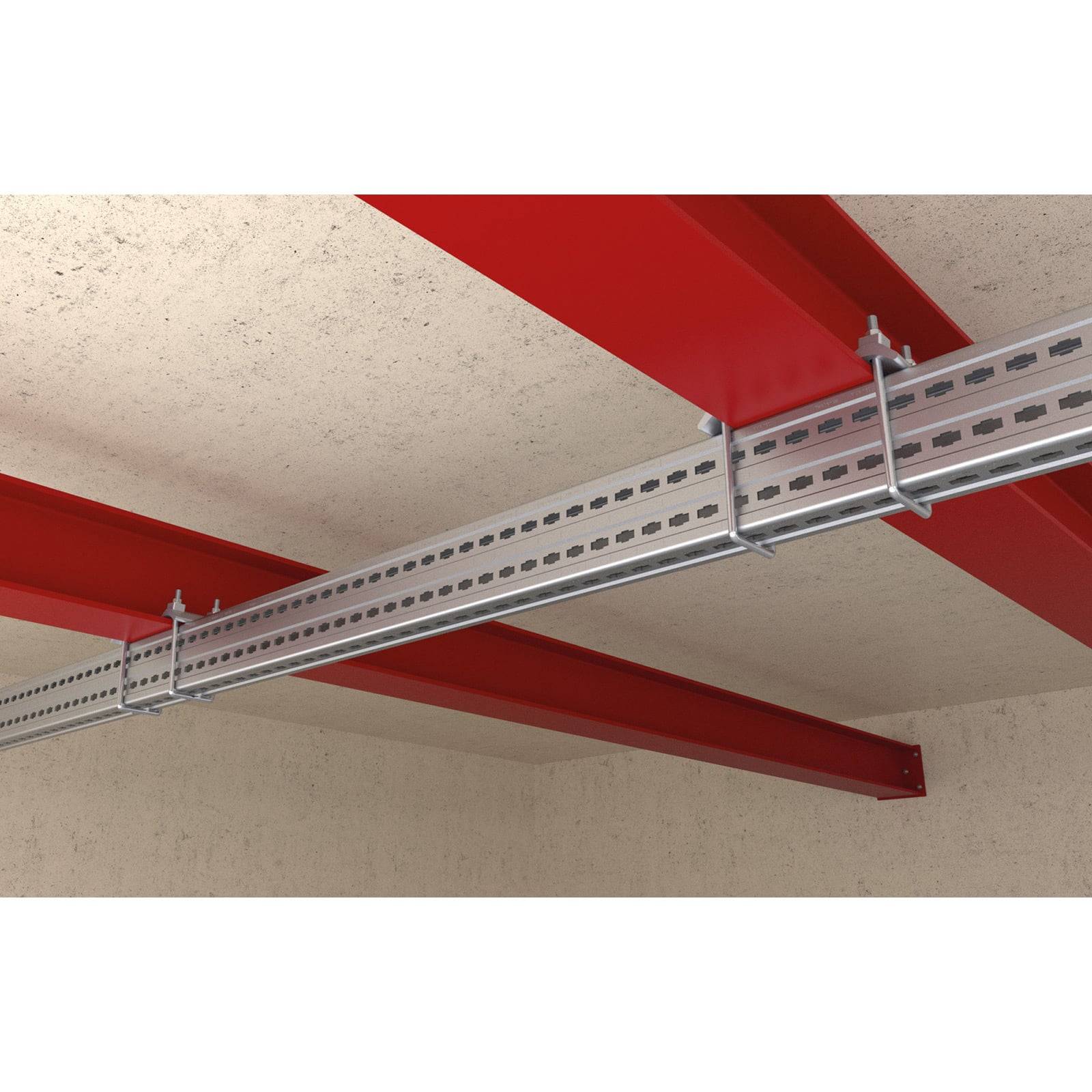 Eine Metallkabelrinne ist an einer beigen Decke montiert, getragen von roten Deckenträgern. Die Rinne ist mit Halterungen befestigt.