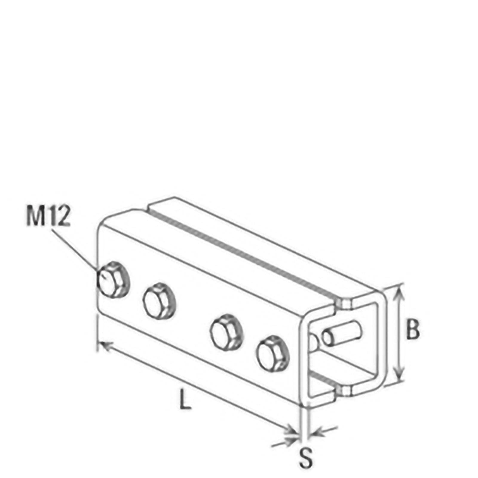 Eine technische Zeichnung einer rechteckigen Metallhalterung mit Löchern für Muttern und Schrauben. Markierte Abmessungen: M12, L, S, B.