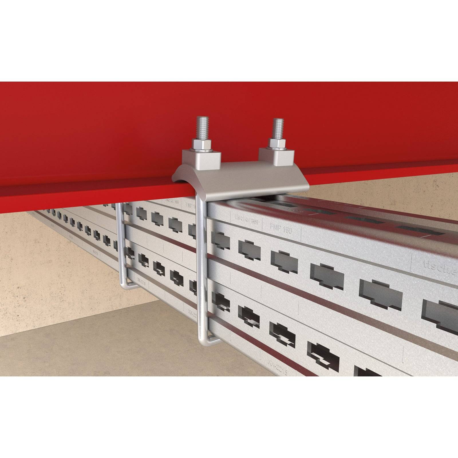 Kabelrinnen, die mit U-Bolzen und Muttern an einem roten Stahlträger befestigt sind und eine sichere Installation in einem industriellen Umfeld zeigen.