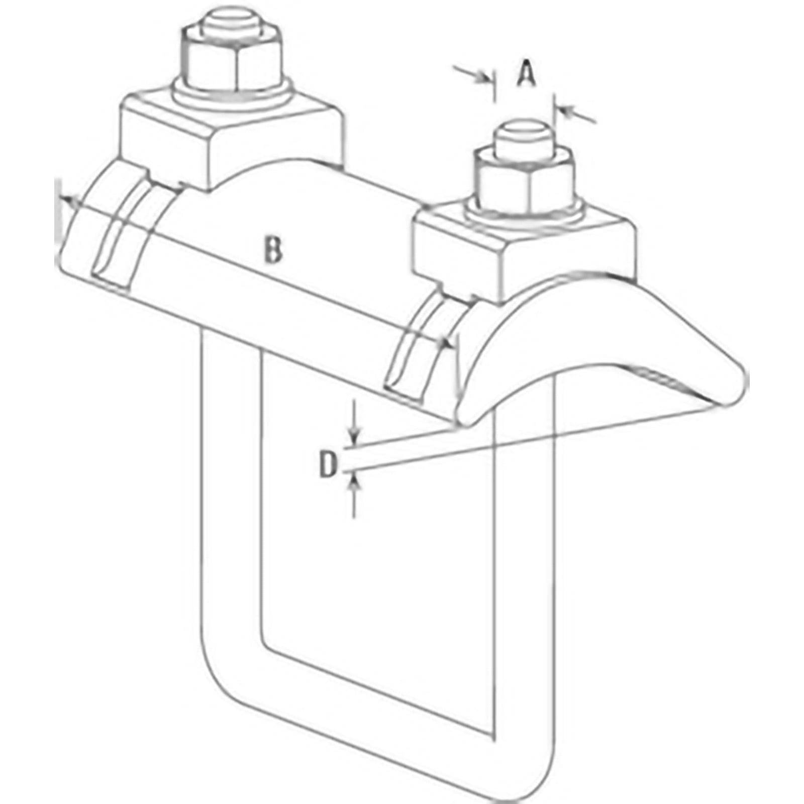 Eine Linienzeichnung einer mechanischen Klemme mit beschrifteten Abmessungen A, B und D. Die Klemme verfügt über Bolzen oben und eine U-förmige Basis.