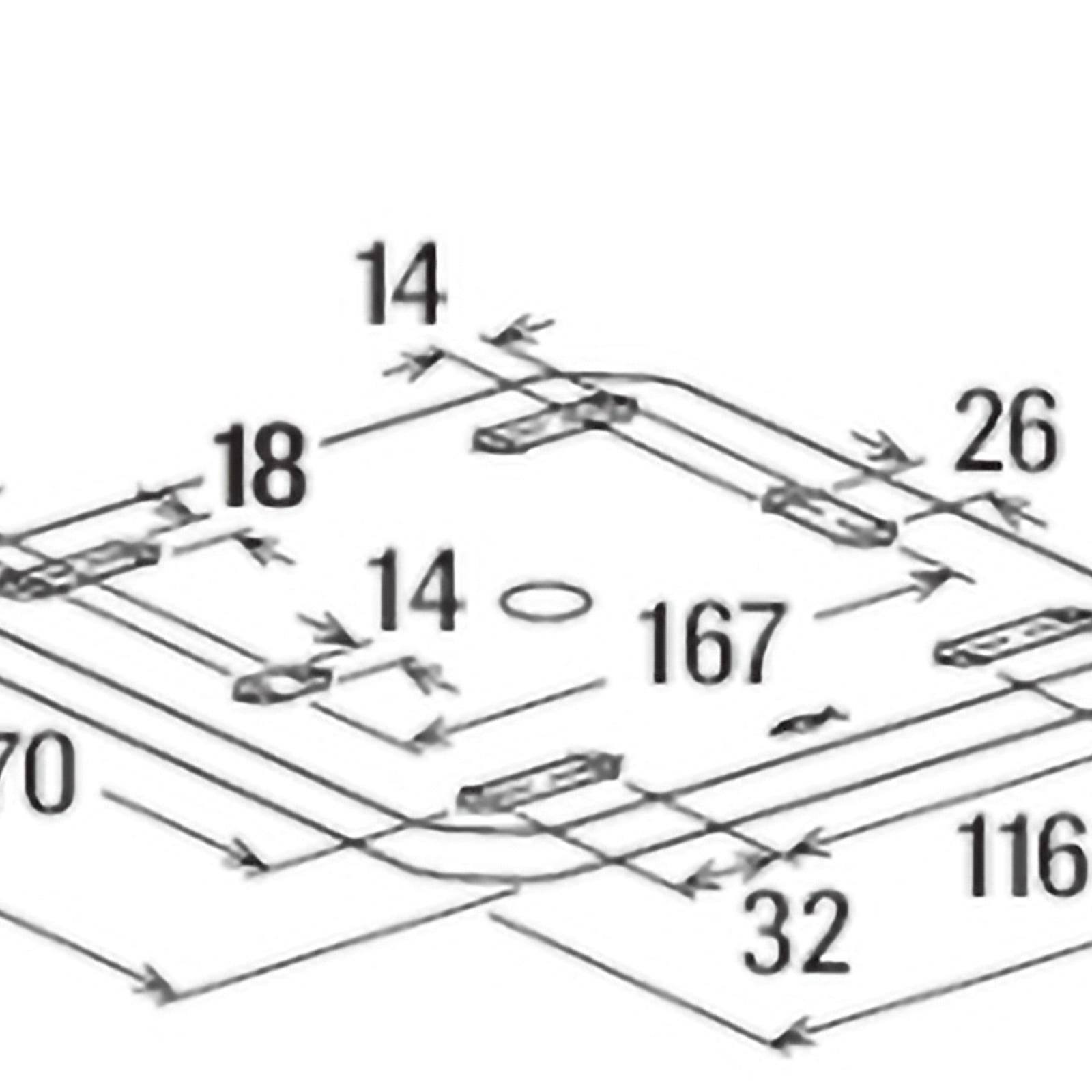 Technisches Diagramm, das die Abmessungen einer rechteckigen Basis mit verschiedenen gekennzeichneten Längen zeigt, einschließlich 167, 116, 32, 70 Einheiten.