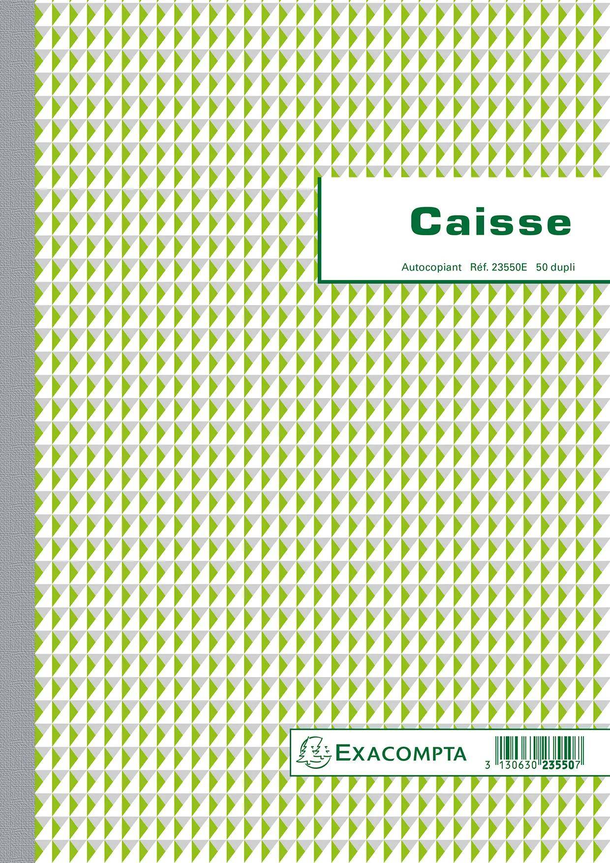 Notizbucheinband mit einem grünen und weißen geometrischen Dreiecksmuster. Das Etikett lautet: Caisse Autocopiant. Réf. 23550, 50 dupli.