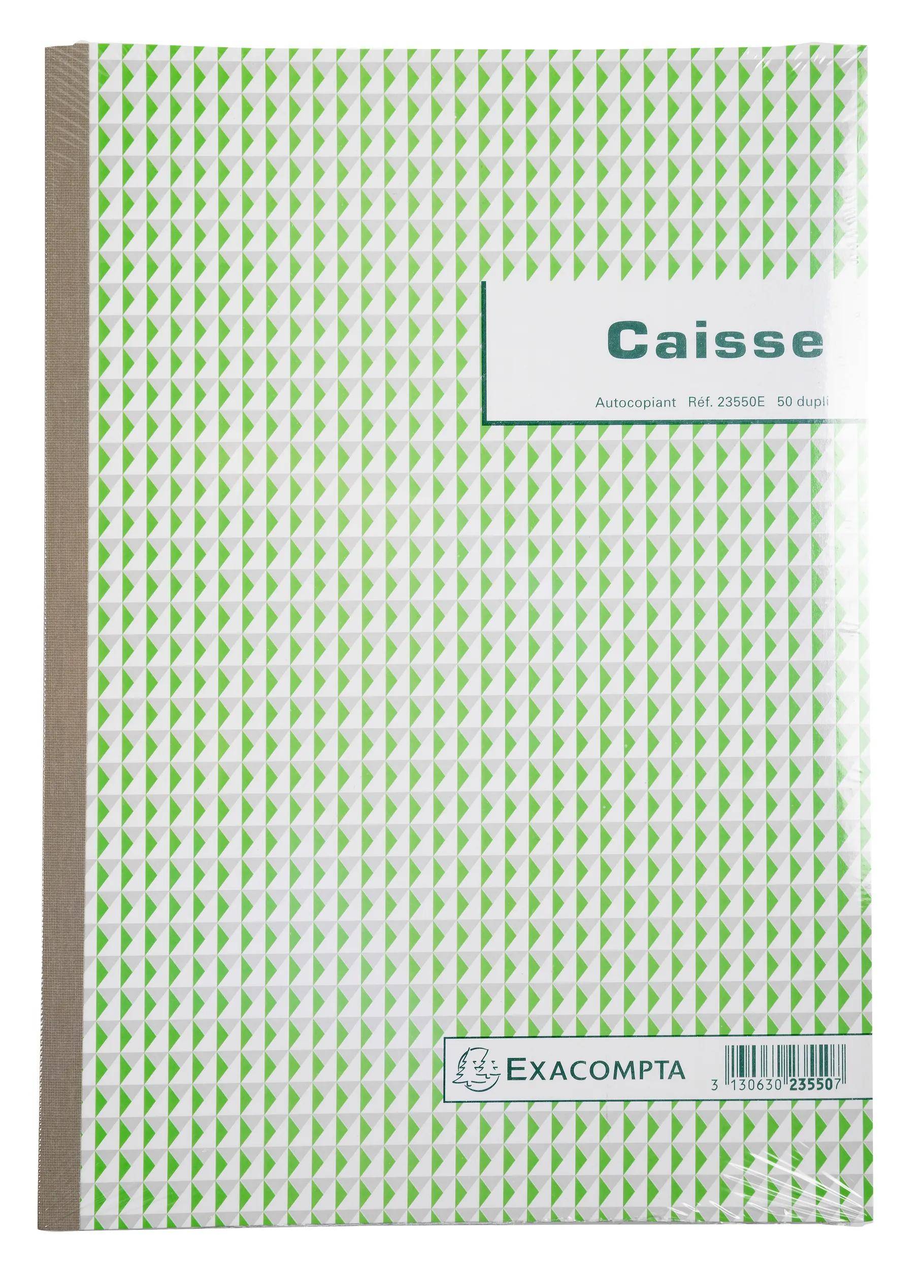 Ein Notizbuchumschlag mit einem weiß-grünen geometrischen Muster, beschriftet mit „Factures Autocopiant Réf. 13728E 50 dupli
