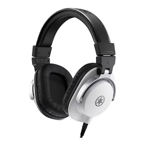 Schwarze und weiße Over-Ear-Kopfhörer mit einer spiralförmigen Kabel. Das Markenlogo befindet sich auf den Ohrmuscheln.