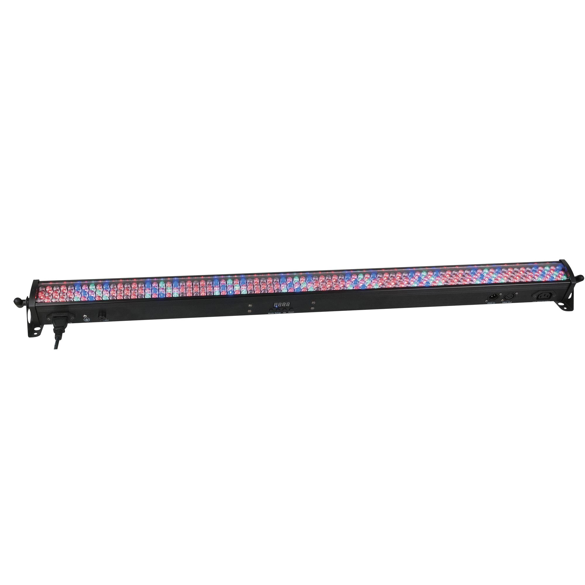 Eine schlanke, schwarze LED-Leuchtenleiste mit sichtbaren roten, blauen und weißen Lichtern, vor einem schwarzen Hintergrund angebracht.
