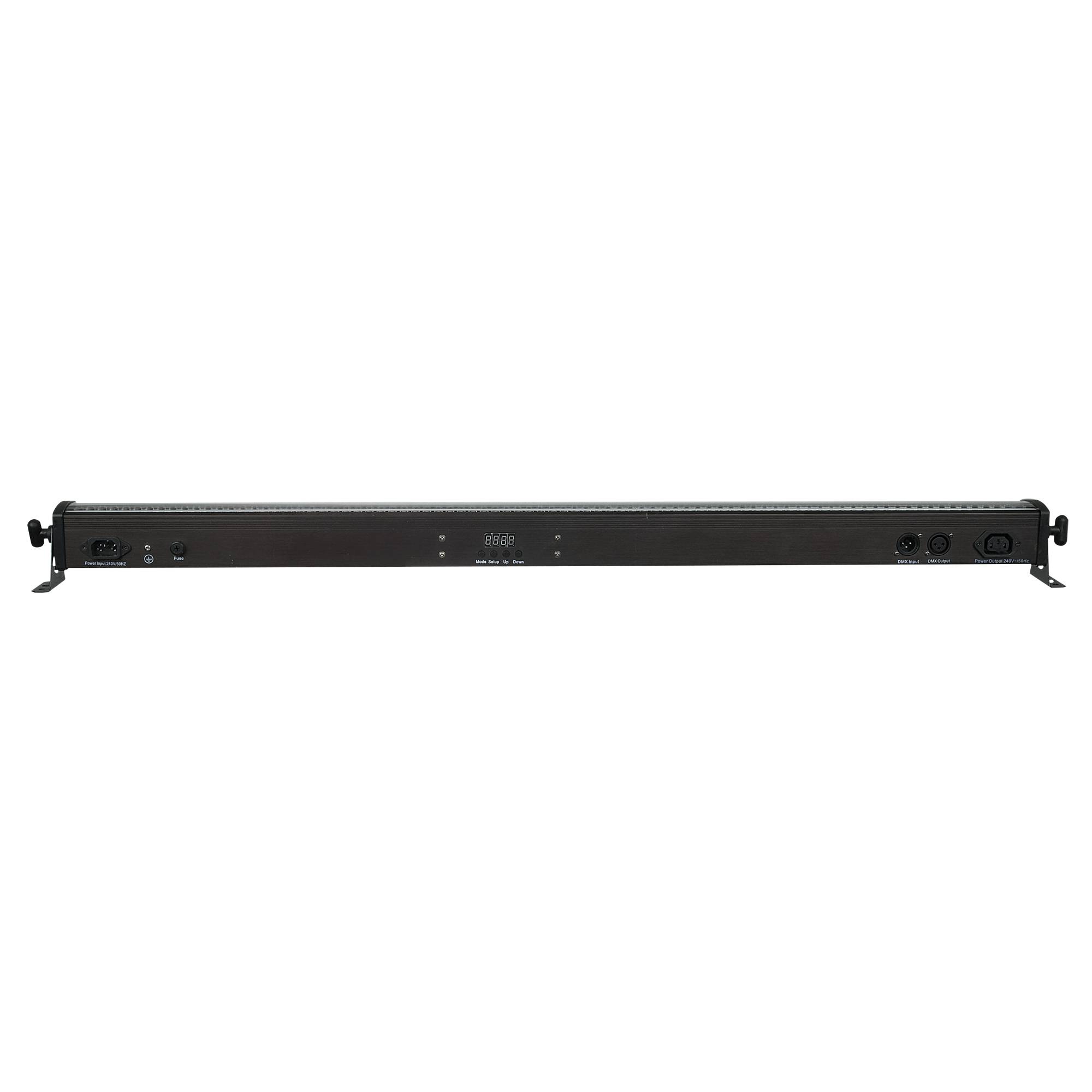 Eine schlanke schwarze Soundbar mit Bedienungsknöpfen in der Mitte und Anschlüssen an beiden Enden, vor einem schwarzen Hintergrund.