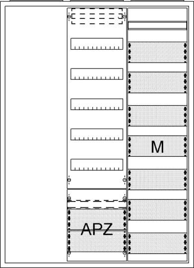 Blaupausen-artiges Diagramm mit gestapelten rechteckigen Abschnitten, in der Mitte mit 'M' beschriftet und unten mit 'APZ'.