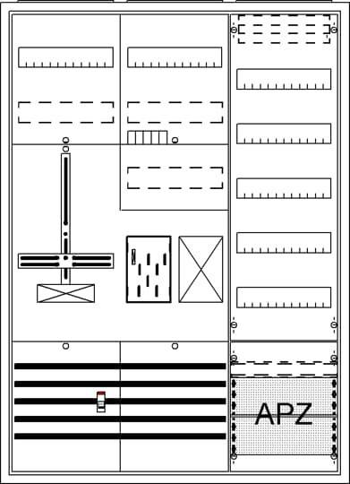 Eine schwarz-weiße schematische Darstellung eines Elektrotafelaufbaus, die verschiedene Schalter, Sicherungsautomaten und beschriftete Abschnitte zeigt.