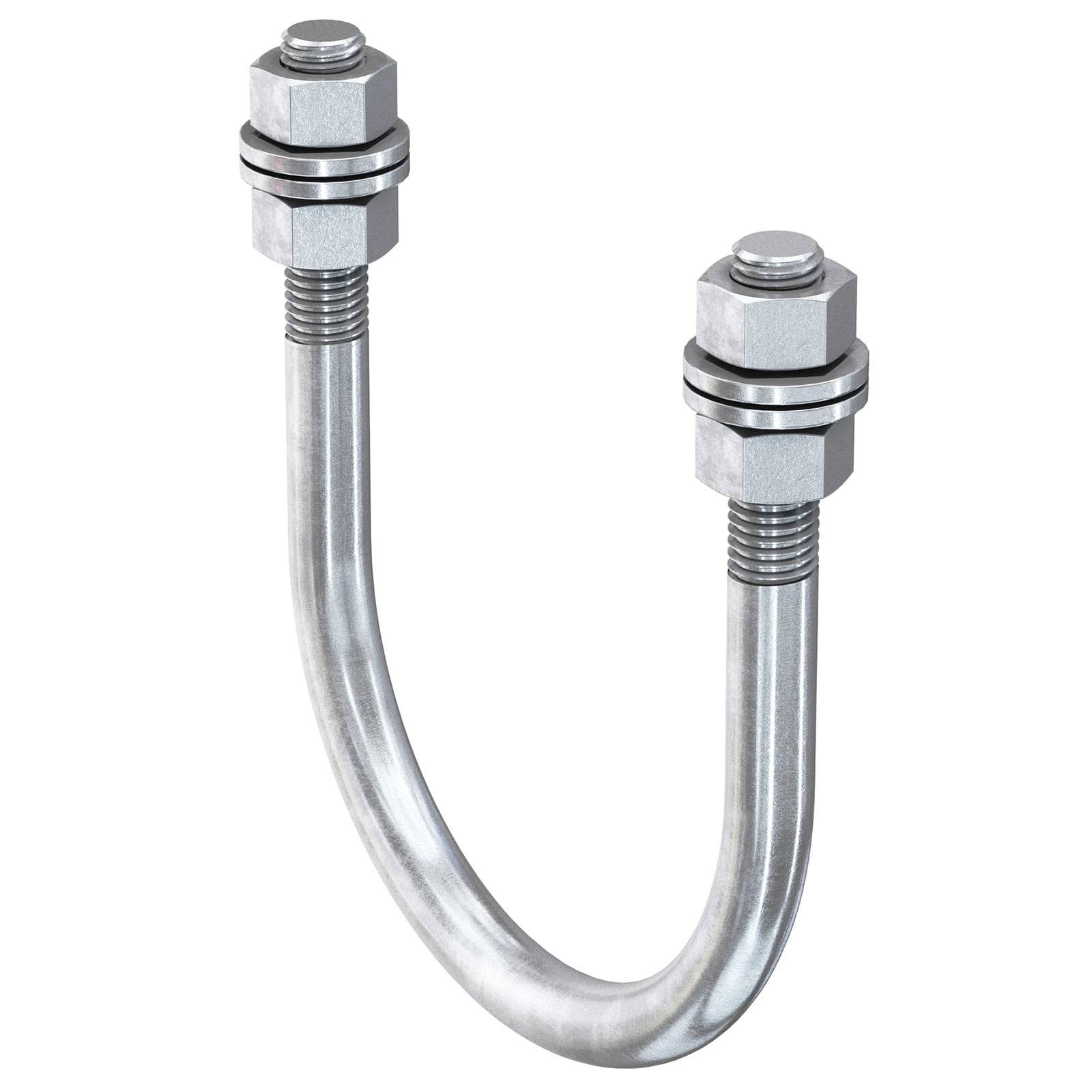 Ein U-Bolt aus Metall mit zwei gewindeten Enden, versehen mit Muttern und Unterlegscheiben. Wird zum Befestigen von Rohren oder Schläuchen an einer Oberfläche verwendet.