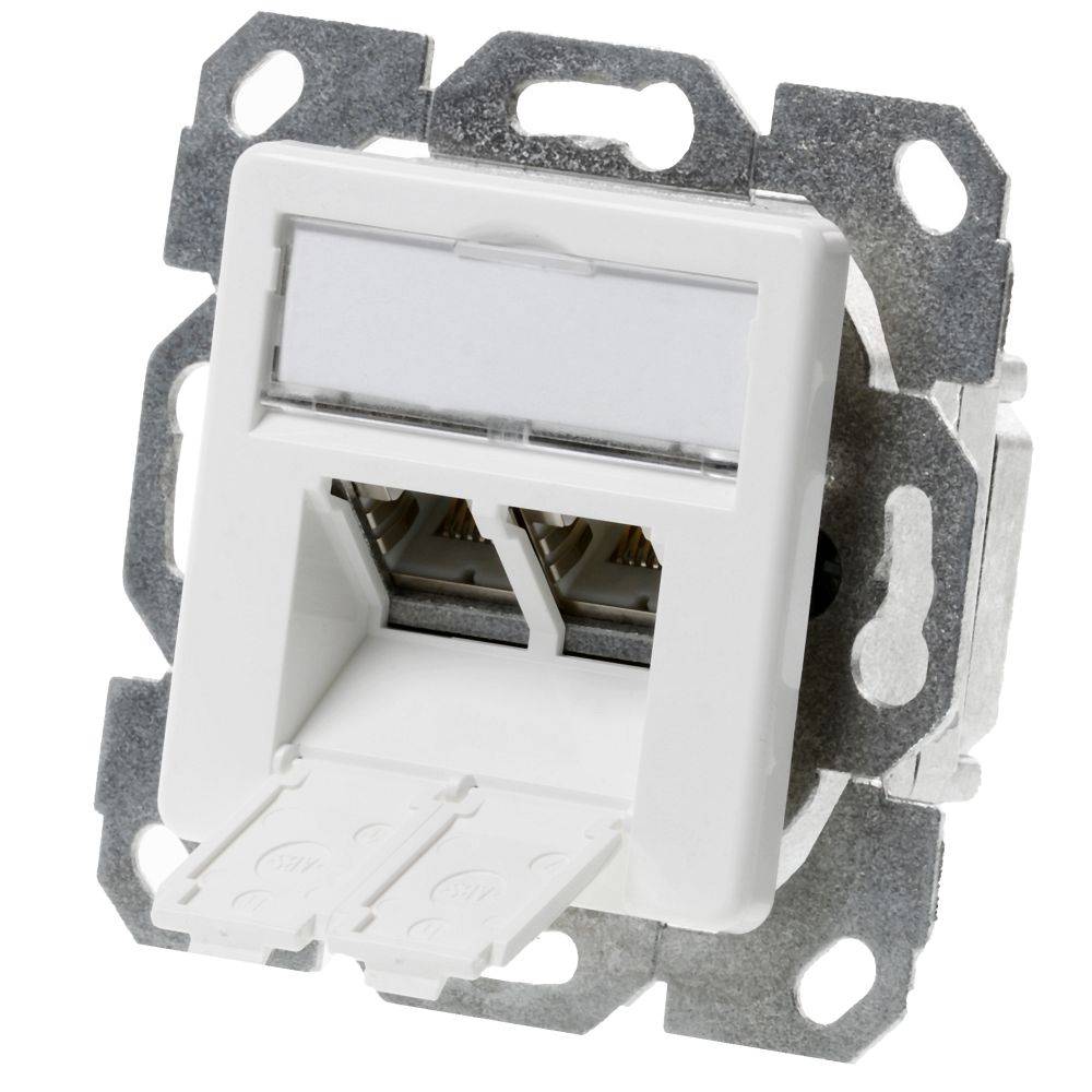 Weiße wandmontierte Ethernet-Netzwerkdose mit Doppelport und metallischer Montageklammer