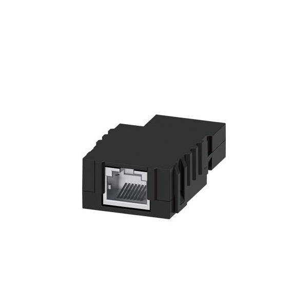 Eine RJ45-Keystone-Buchse in schwarzer Farbe, verwendet für Netzwerkkabelanschlüsse.