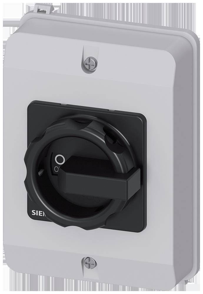 Ein schwarzer Drehschalter mit '0'- und '1'-Positionen auf einer grauen Montageplatte, konzipiert zur Steuerung elektrischer Geräte.