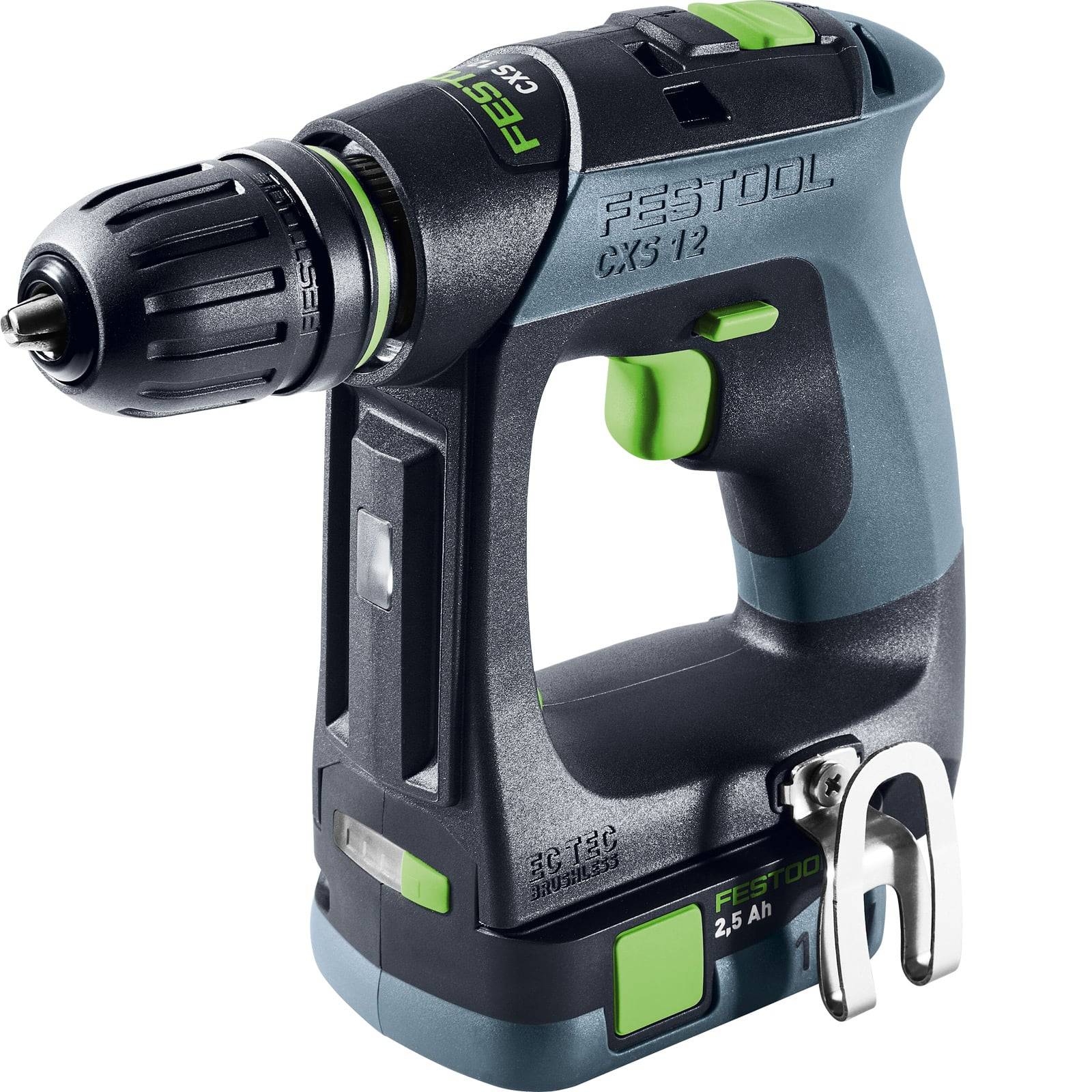 Schnurloses Bohrgerät mit ergonomischem Griff, schwarz und grau mit grünen Akzenten, mit der Bezeichnung „Festool CXS 12