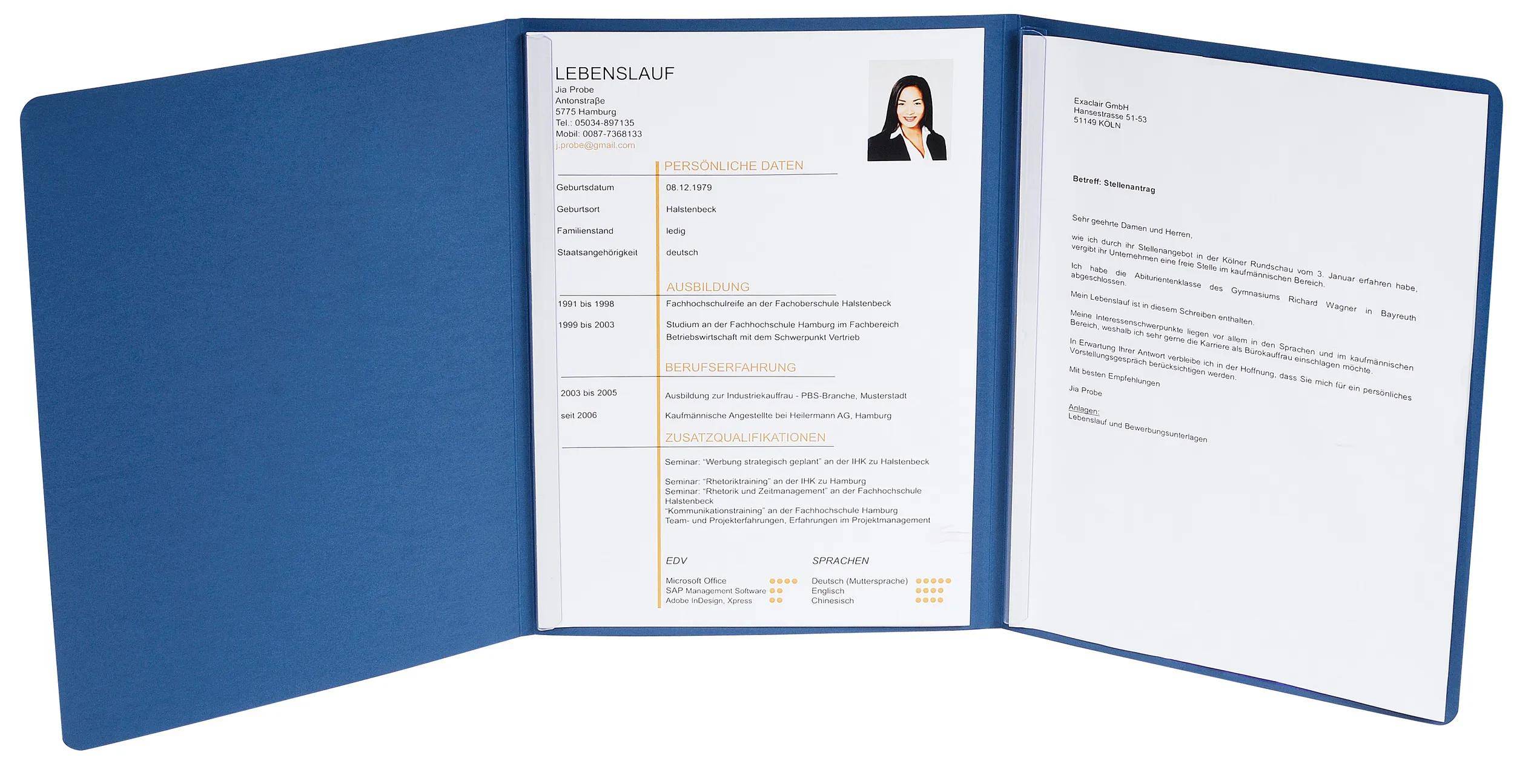 Exacompta 5x Bewerbungsmappe Karton Leinenoptik 2 Klemmschienen A4 Blau 49202B