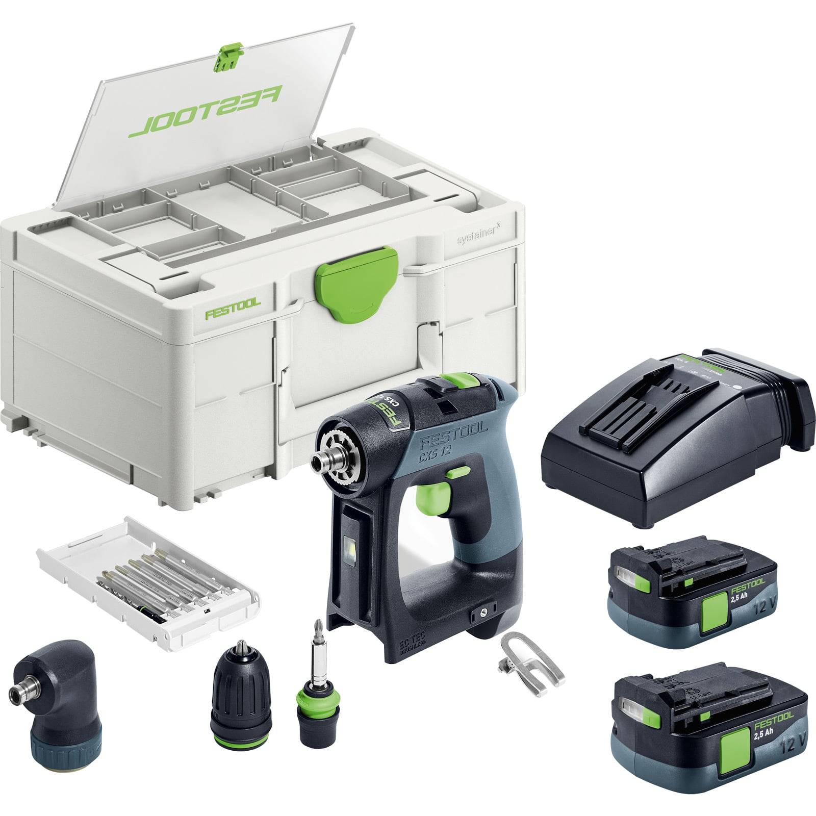 Festool Akku-Bohrschrauber-Set mit Lagerkiste, Batterieladegerät, zwei Batterien, Bohrern und Zubehör.