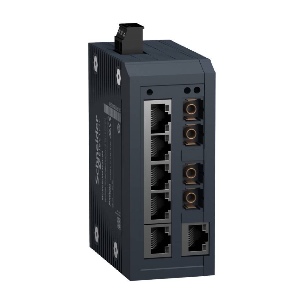 Ein schwarzer industrieller Netzwerk-Switch mit mehreren Ethernet-Anschlüssen, der zum Verbinden von Geräten in einem Netzwerk verwendet wird.