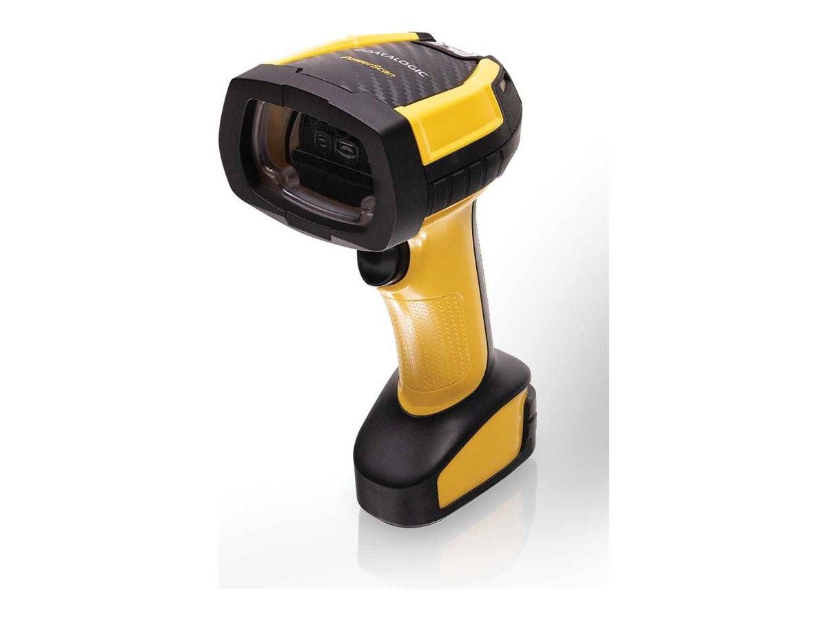 Gelb-schwarzer tragbarer Barcode-Scanner auf einer Ladestation, vor weißem Hintergrund gezeigt.