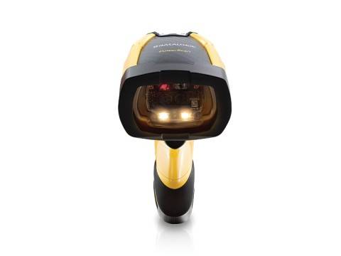 Gelb-schwarzer tragbarer Barcode-Scanner von vorne, mit leuchtendem Scannerfenster und Griffauslöser auf weißem Hintergrund.