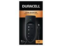 Duracell 175W Wechselrichter-Paket zeigt einen schwarzen 12V-Autoleistungswechselrichter mit Stecker und Text „175W INVERTER