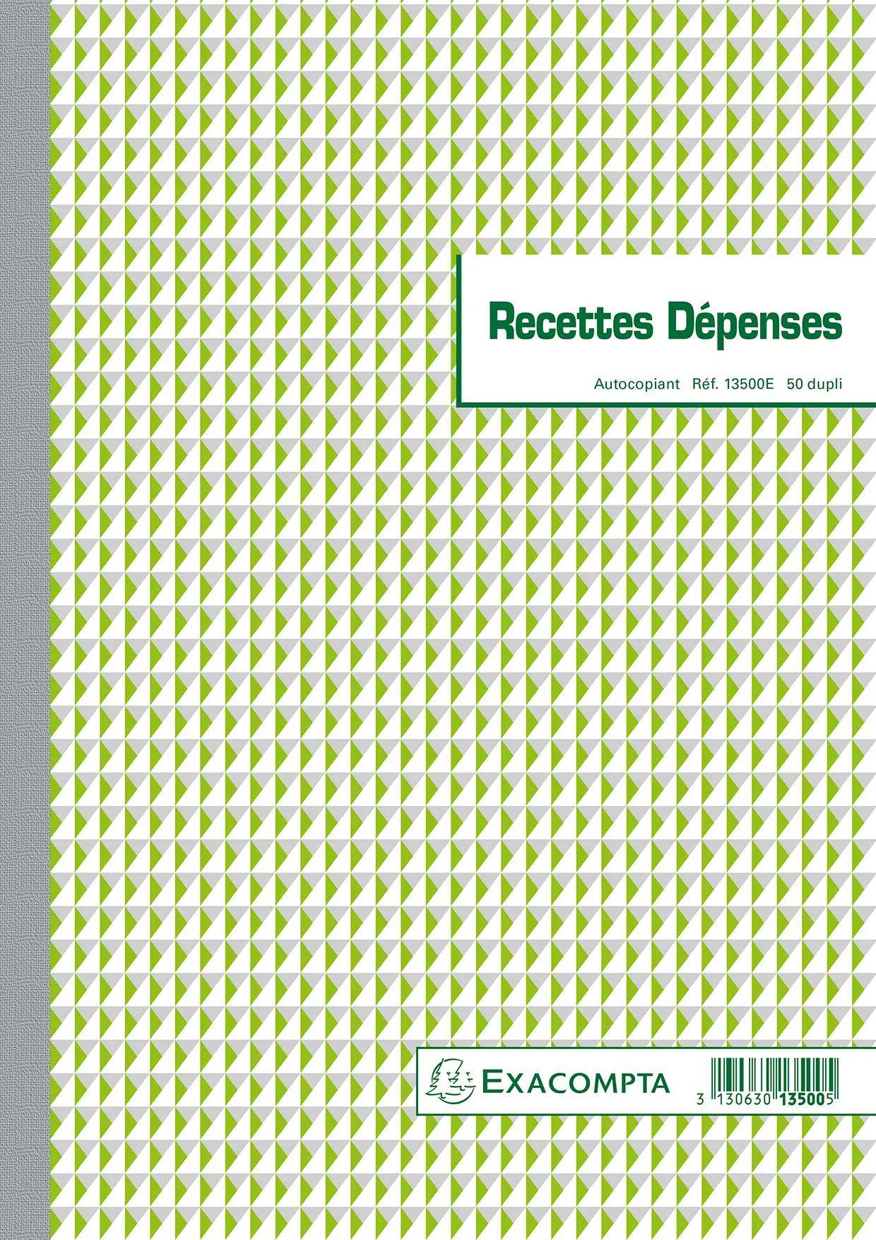 Ein grüner Umschlag mit Muster und dem Titel „Recettes Dépenses