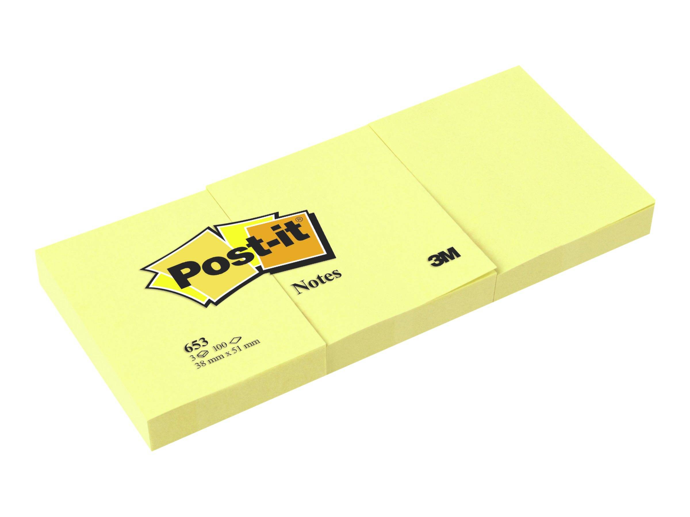 Packung mit gelben Haftnotizen von 3M, dargestellt in einer geschlossenen rechteckigen Polsterverpackung mit Logo und Produktdetails.